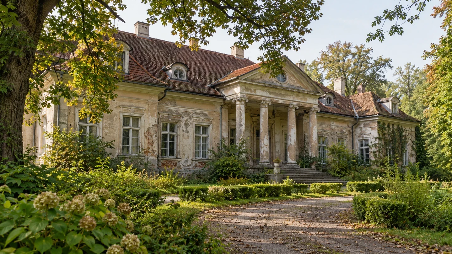 Historyczna rezydencja z parkiem i widocznymi potrzebami remontowymi.
